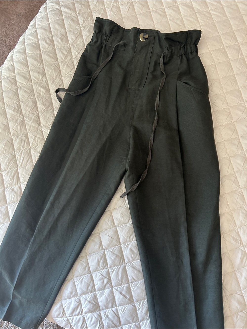 High-Waist Dark Green Women’s Drawstring Trousers